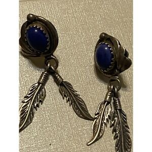 Navajo Earrings Blue Lapis 2 Silver Feathers Post Dangle Native American
